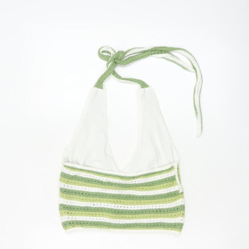 Hollister Women Green White Striped Crochet Halter Cropped Tank Top M
