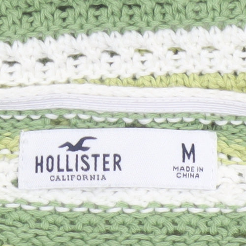 Hollister Women Green White Striped Crochet Halter Cropped Tank Top M