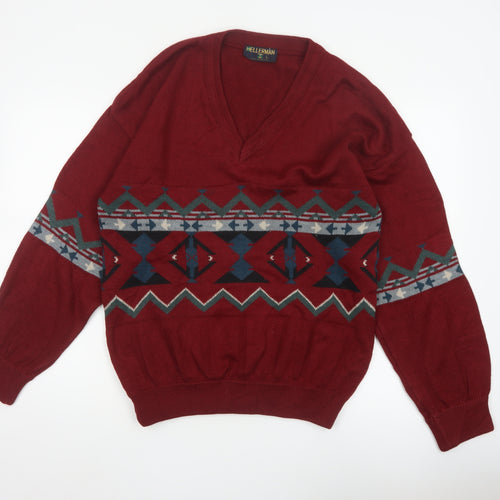 Kellerman Men’s Red L Aztec Geometric V-Neck Wool Blend Jumper