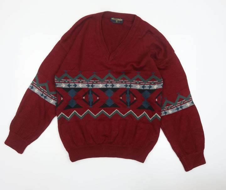 Kellerman Men’s Red L Aztec Geometric V-Neck Wool Blend Jumper