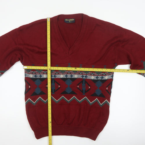 Kellerman Men’s Red L Aztec Geometric V-Neck Wool Blend Jumper