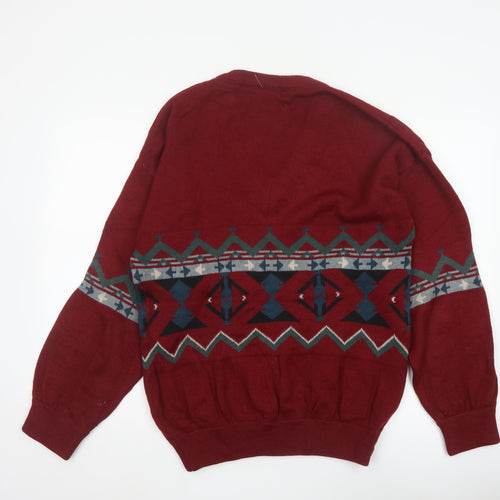 Kellerman Men’s Red L Aztec Geometric V-Neck Wool Blend Jumper
