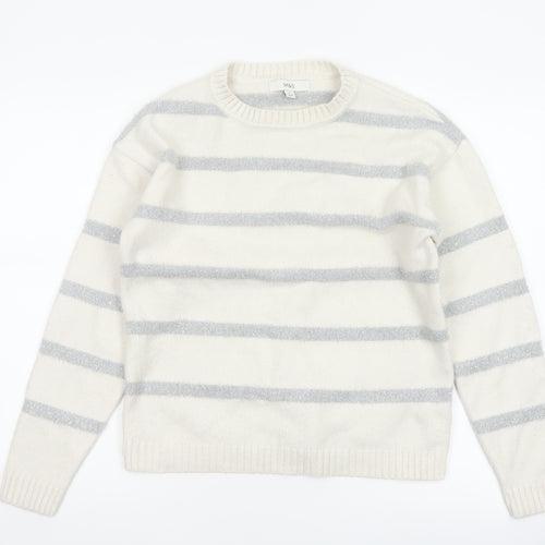 Marks & Spencer Women Ivory Silver Glitter Striped Knit Jumper Size S