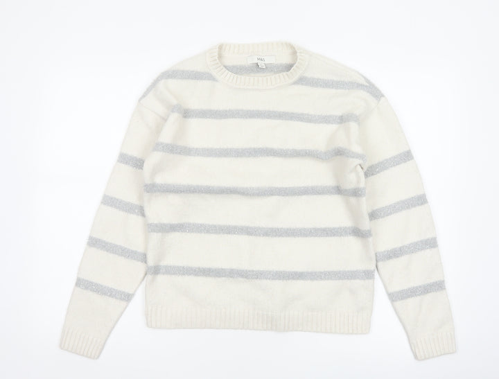 Marks & Spencer Women Ivory Silver Glitter Striped Knit Jumper Size S