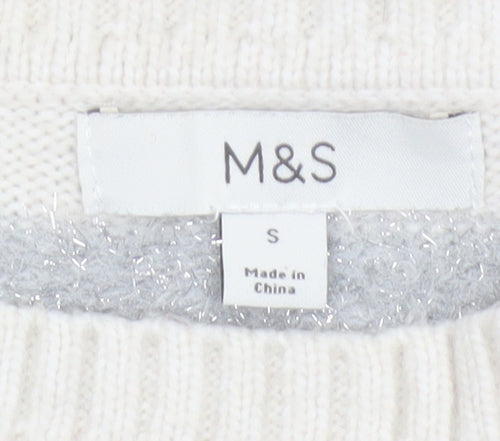 Marks & Spencer Women Ivory Silver Glitter Striped Knit Jumper Size S