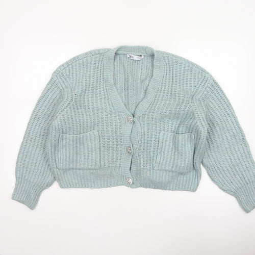 Zara Women Blue Size S Chunky Knit V-Neck Button Cardigan