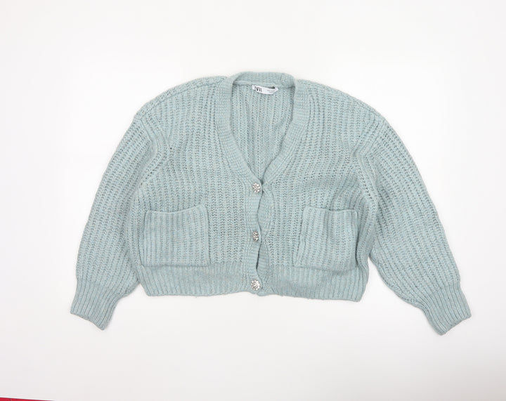 Zara Women Blue Size S Chunky Knit V-Neck Button Cardigan
