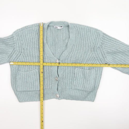 Zara Women Blue Size S Chunky Knit V-Neck Button Cardigan