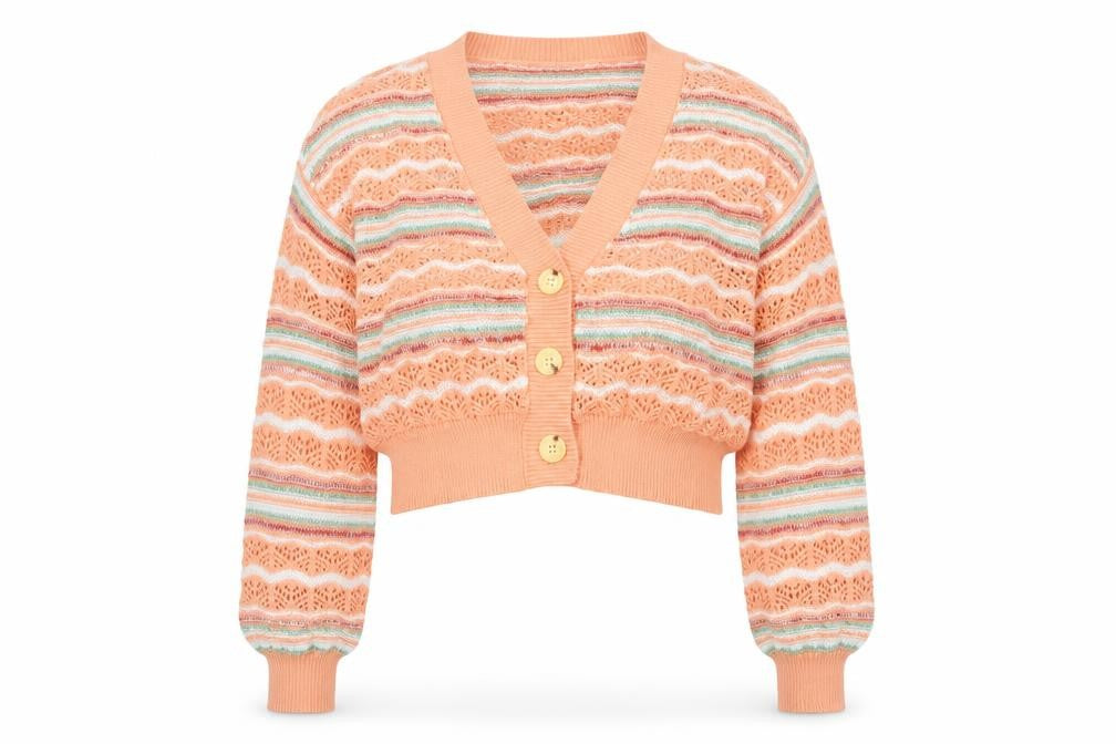 Front view of Major Women’s Peach Stripe Open-Knit Button Cardigan, size L