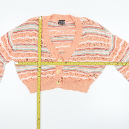 Major Women’s Peach Stripe Open-Knit Button Cardigan Size L