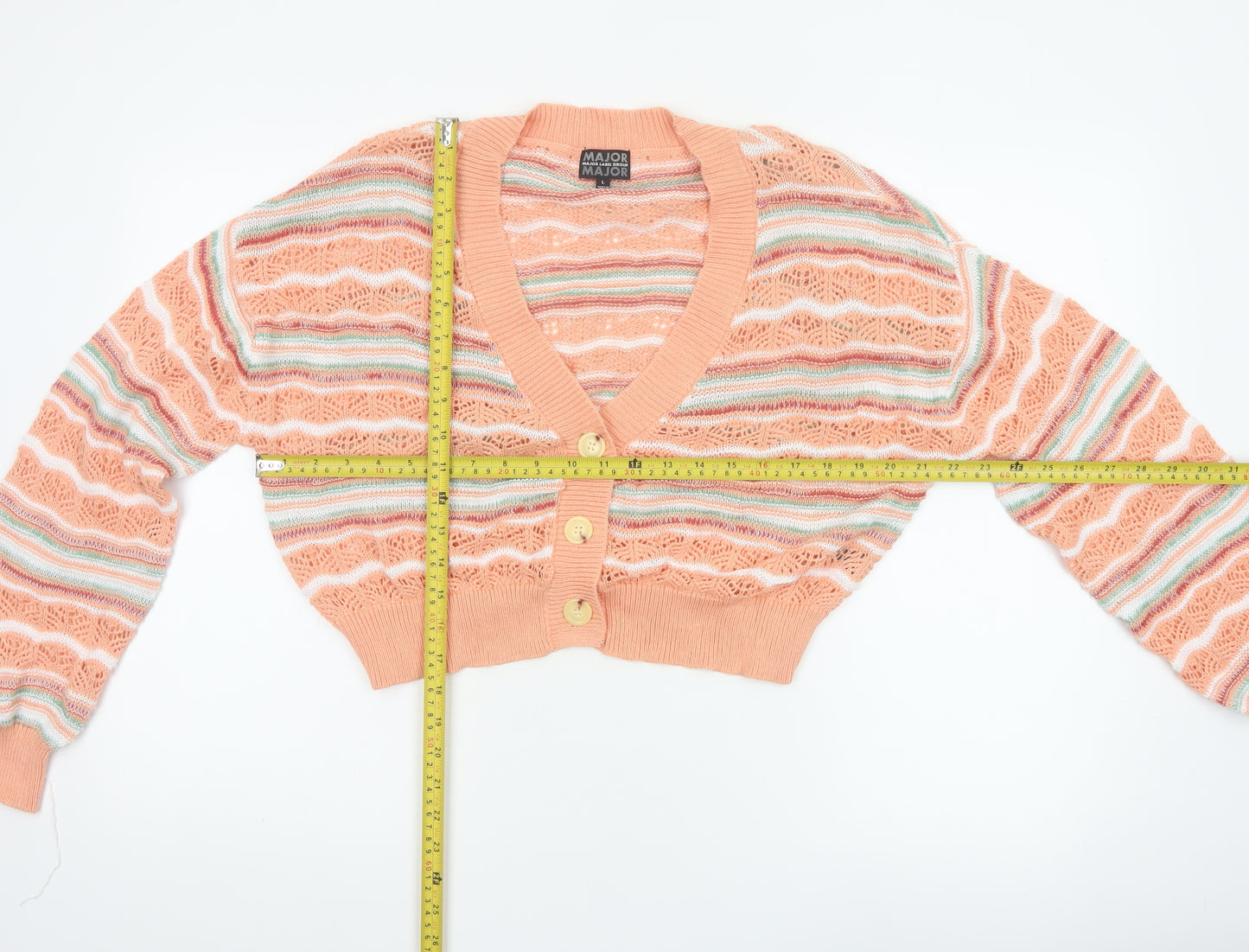 Major Women’s Peach Stripe Open-Knit Button Cardigan Size L