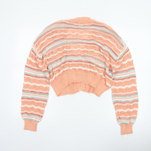 Major Women’s Peach Stripe Open-Knit Button Cardigan Size L