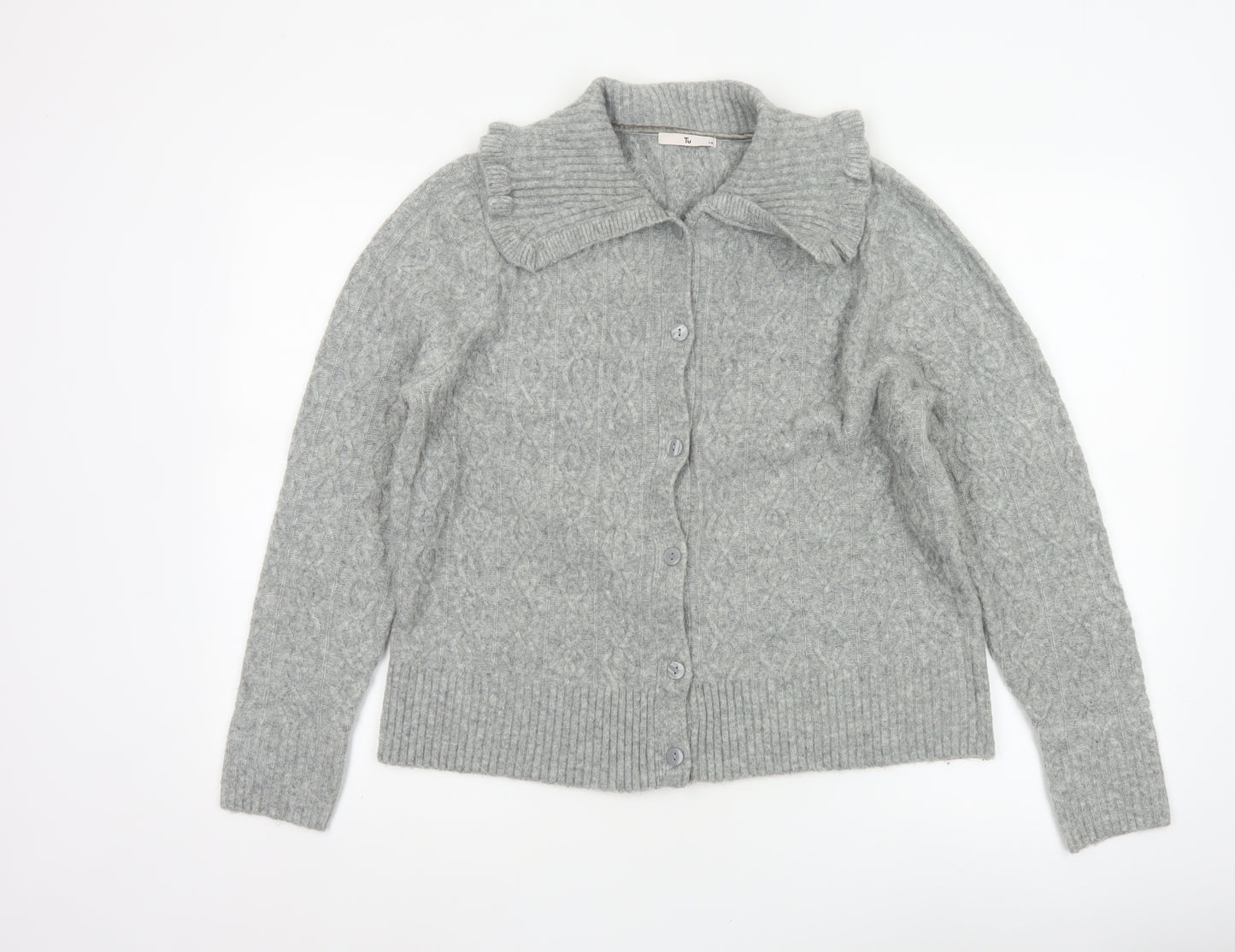 Tu Women’s Grey Cable-Knit Collared Button Cardigan Size 14