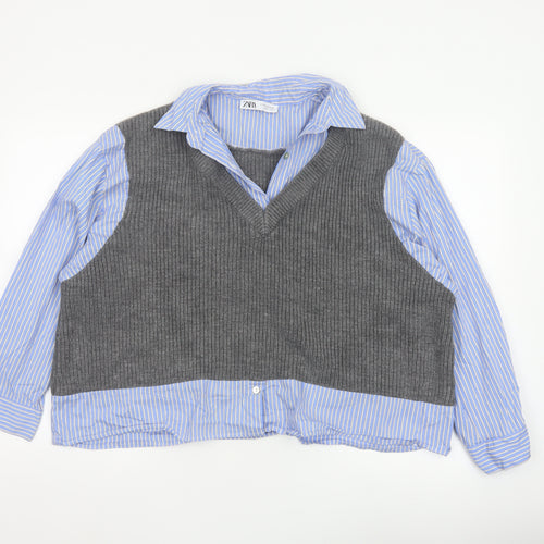 Zara Women Blue Stripe Shirt Grey Knit Vest Long Sleeve Size 6