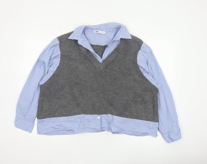 Zara Women Blue Stripe Shirt Grey Knit Vest Long Sleeve Size 6