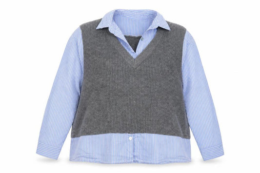Front view of Zara Women Blue Stripe Shirt Grey Knit Vest Long Sleeve, size 6