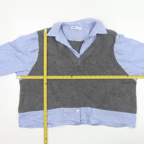 Zara Women Blue Stripe Shirt Grey Knit Vest Long Sleeve Size 6