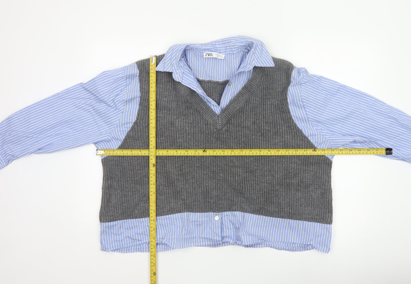 Zara Women Blue Stripe Shirt Grey Knit Vest Long Sleeve Size 6