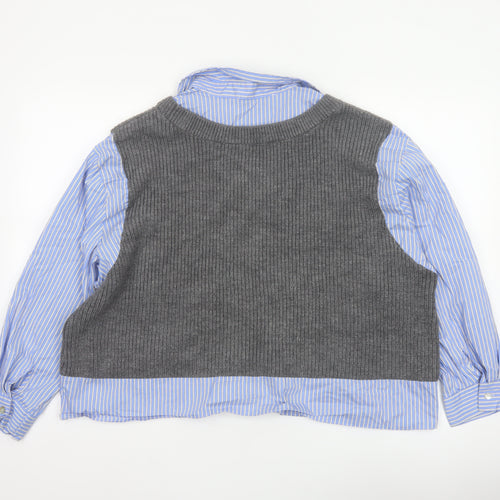 Zara Women Blue Stripe Shirt Grey Knit Vest Long Sleeve Size 6