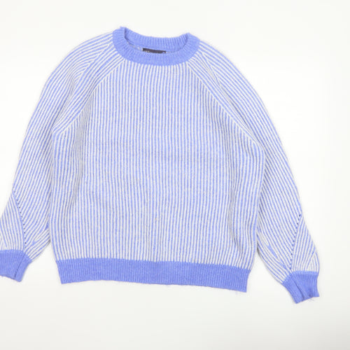 Marks and Spencer Women Blue M Rib Knit Striped Raglan Jumper