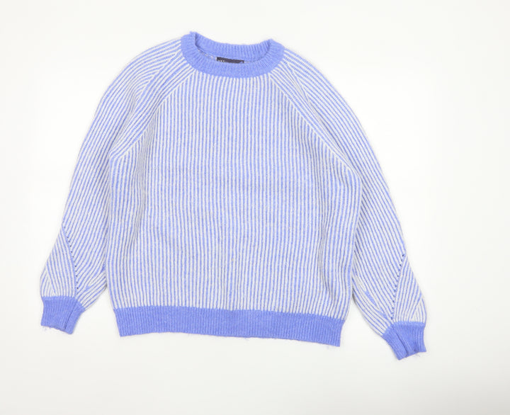 Marks and Spencer Women Blue M Rib Knit Striped Raglan Jumper
