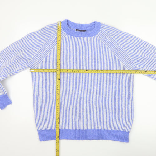 Marks and Spencer Women Blue M Rib Knit Striped Raglan Jumper