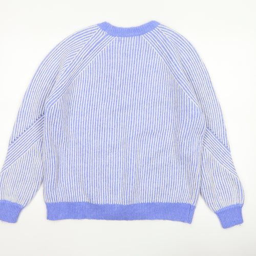 Marks and Spencer Women Blue M Rib Knit Striped Raglan Jumper