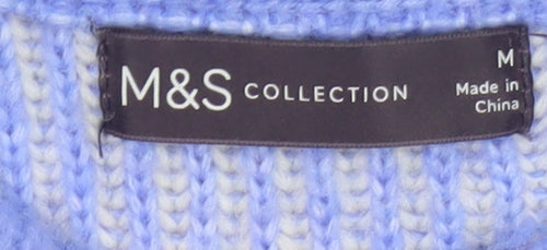 Marks and Spencer Women Blue M Rib Knit Striped Raglan Jumper