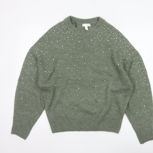 H&M Women’s Green Pearl Beaded Crew Neck Knit Jumper Size S