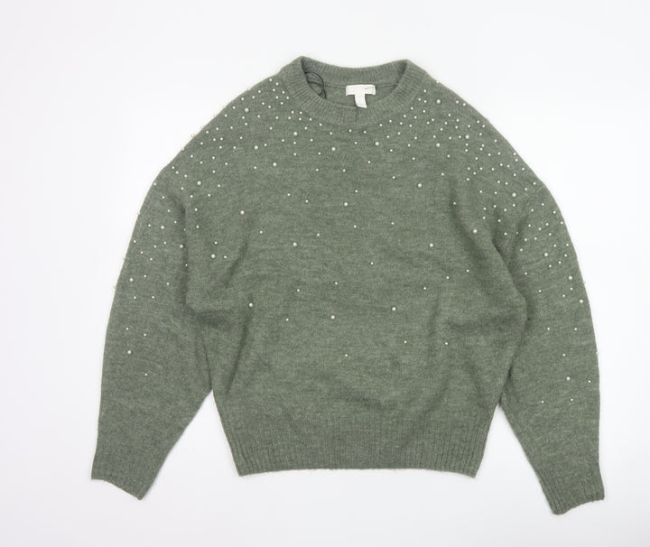 H&M Women’s Green Pearl Beaded Crew Neck Knit Jumper Size S