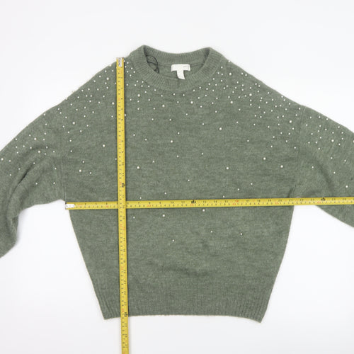H&M Women’s Green Pearl Beaded Crew Neck Knit Jumper Size S