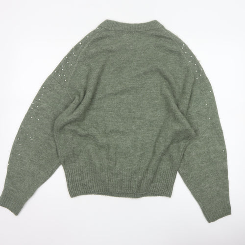 H&M Women’s Green Pearl Beaded Crew Neck Knit Jumper Size S