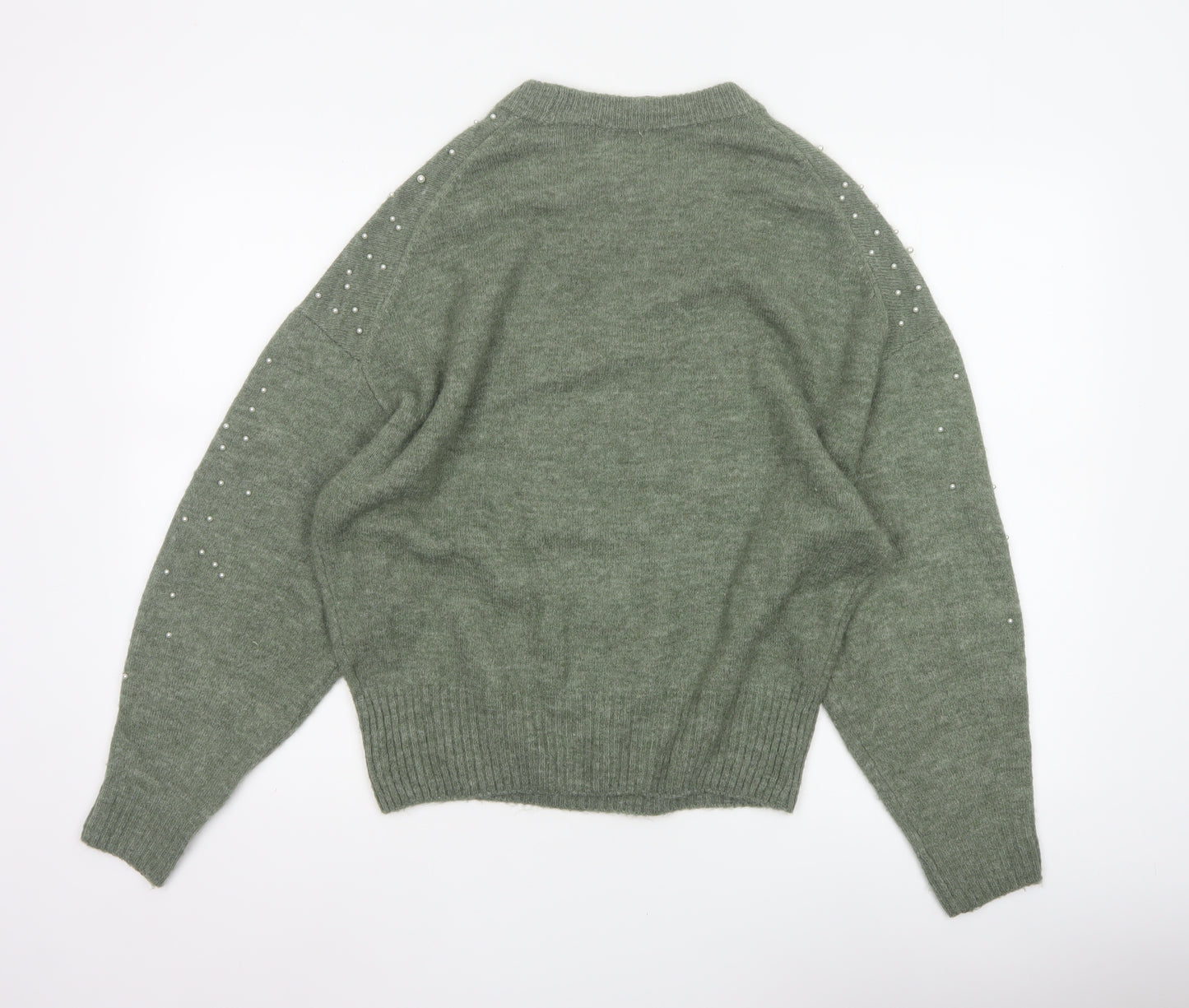 H&M Women’s Green Pearl Beaded Crew Neck Knit Jumper Size S