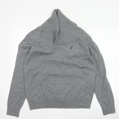Nautica Men’s Grey M Cotton Shawl Collar Logo Pullover Jumper
