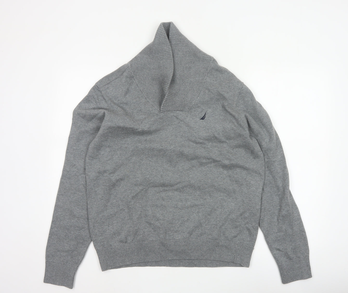 Nautica Men’s Grey M Cotton Shawl Collar Logo Pullover Jumper