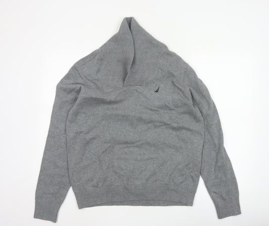 Nautica Men’s Grey M Cotton Shawl Collar Logo Pullover Jumper