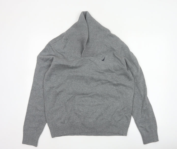 Nautica Men’s Grey M Cotton Shawl Collar Logo Pullover Jumper