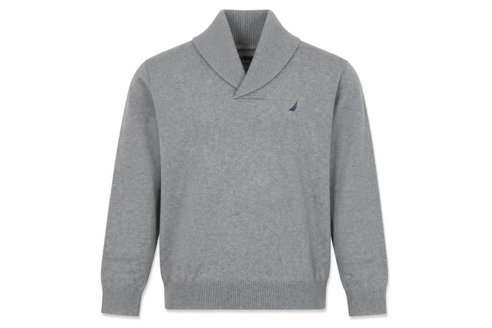 Front view of Nautica Men’s Grey M Cotton Shawl Collar Logo jumper