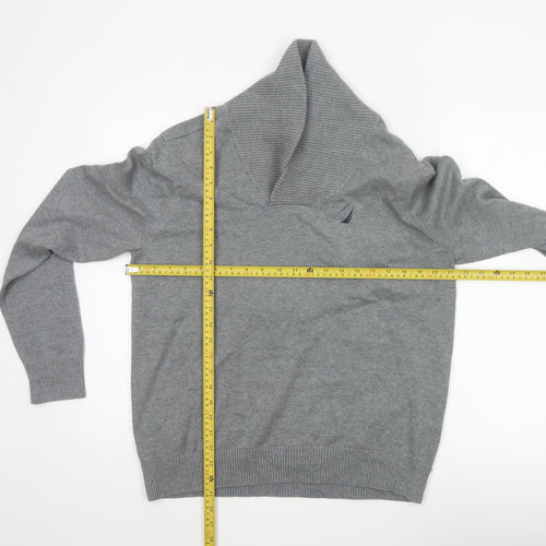 Nautica Men’s Grey M Cotton Shawl Collar Logo Pullover Jumper