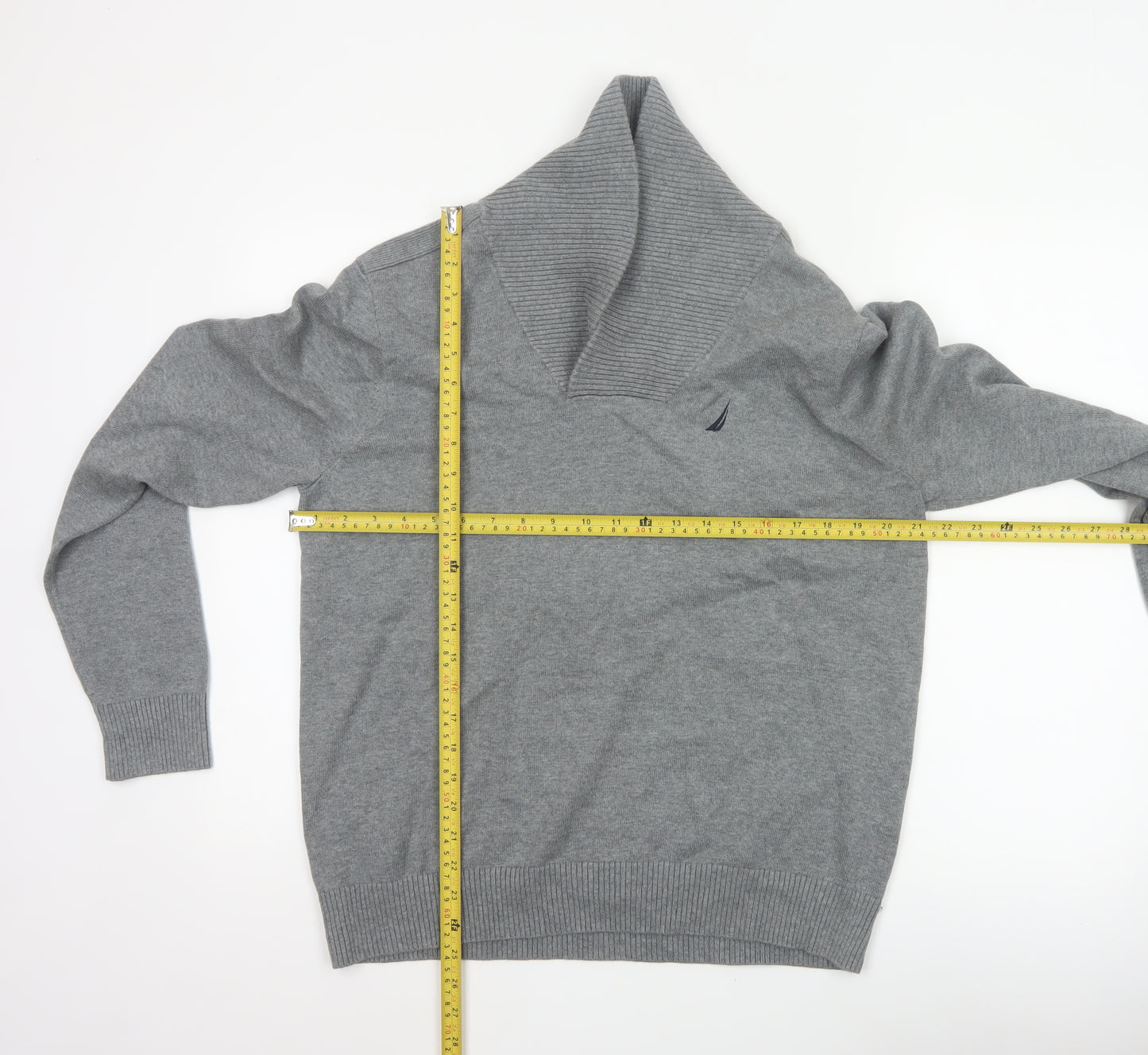Nautica Men’s Grey M Cotton Shawl Collar Logo Pullover Jumper