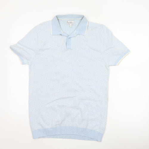 Next Men’s Blue Herringbone Knit Polo Shirt Size M Short Sleeve Cotton
