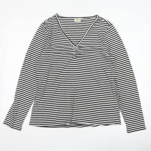 Fransa Women Black White Striped XL Jersey V-Neck Long Sleeve Top