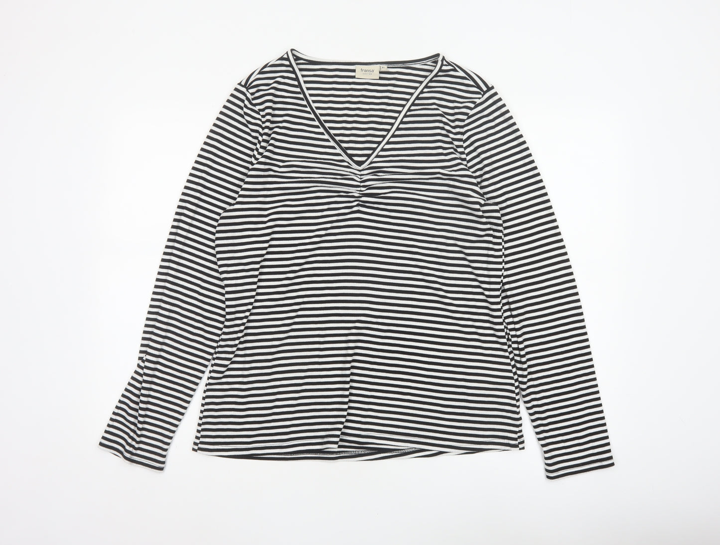 Fransa Women Black White Striped XL Jersey V-Neck Long Sleeve Top