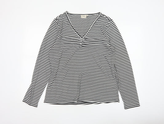 Fransa Women Black White Striped XL Jersey V-Neck Long Sleeve Top