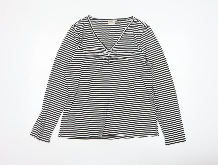 Fransa Women Black White Striped XL Jersey V-Neck Long Sleeve Top
