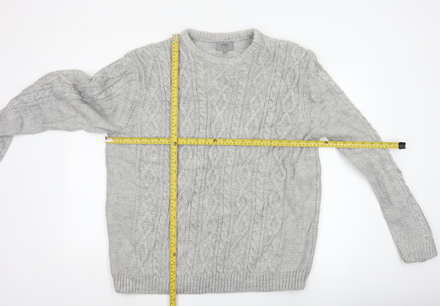 Marks & Spencer Men Grey 2XL Cable Knit Crew Neck Pullover Jumper