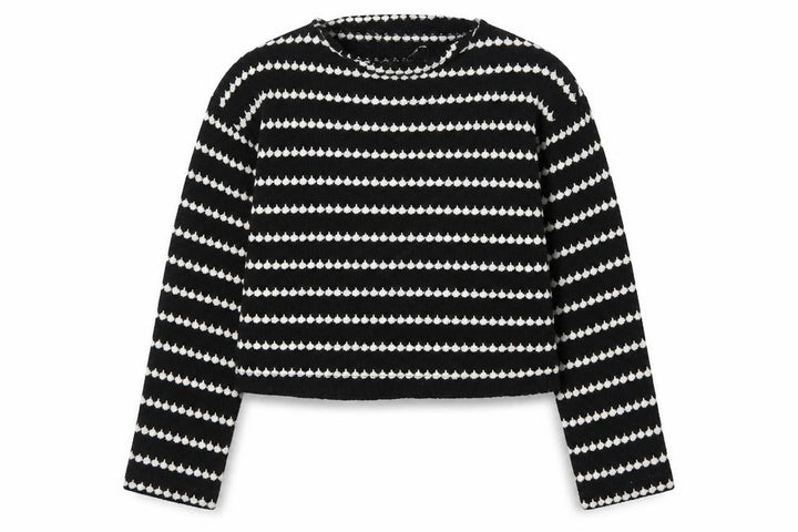 New Look Women Black White Striped M Cropped Knit Top Long Sleeve