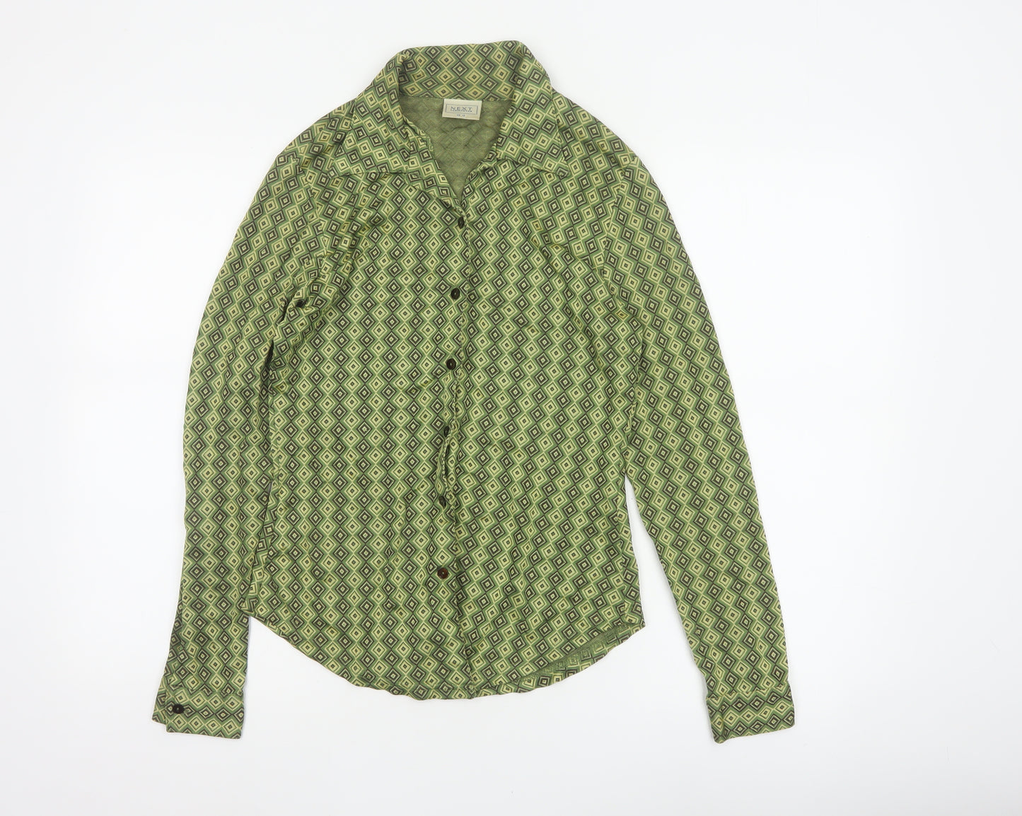 Next Women Green UK 12 Geometric Viscose Button-Up Long Sleeve Blouse