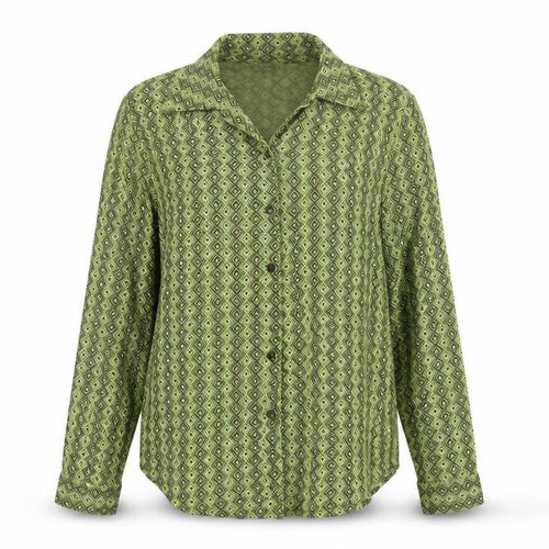 Next Women Green UK 12 Geometric Viscose Button-Up Long Sleeve Blouse
