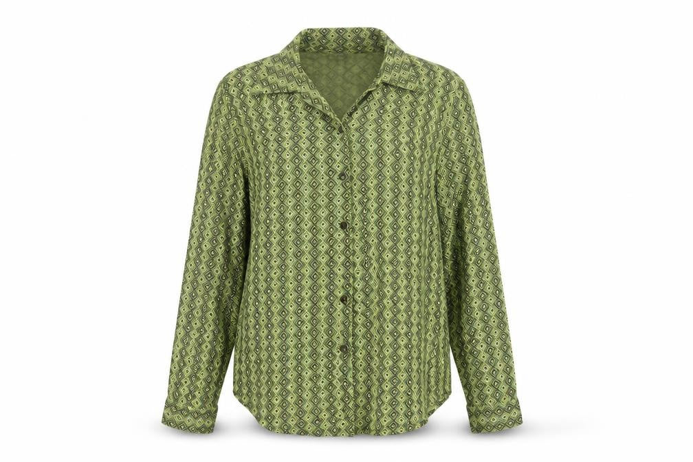 Next Women Green UK 12 Geometric Viscose Button-Up Long Sleeve Blouse